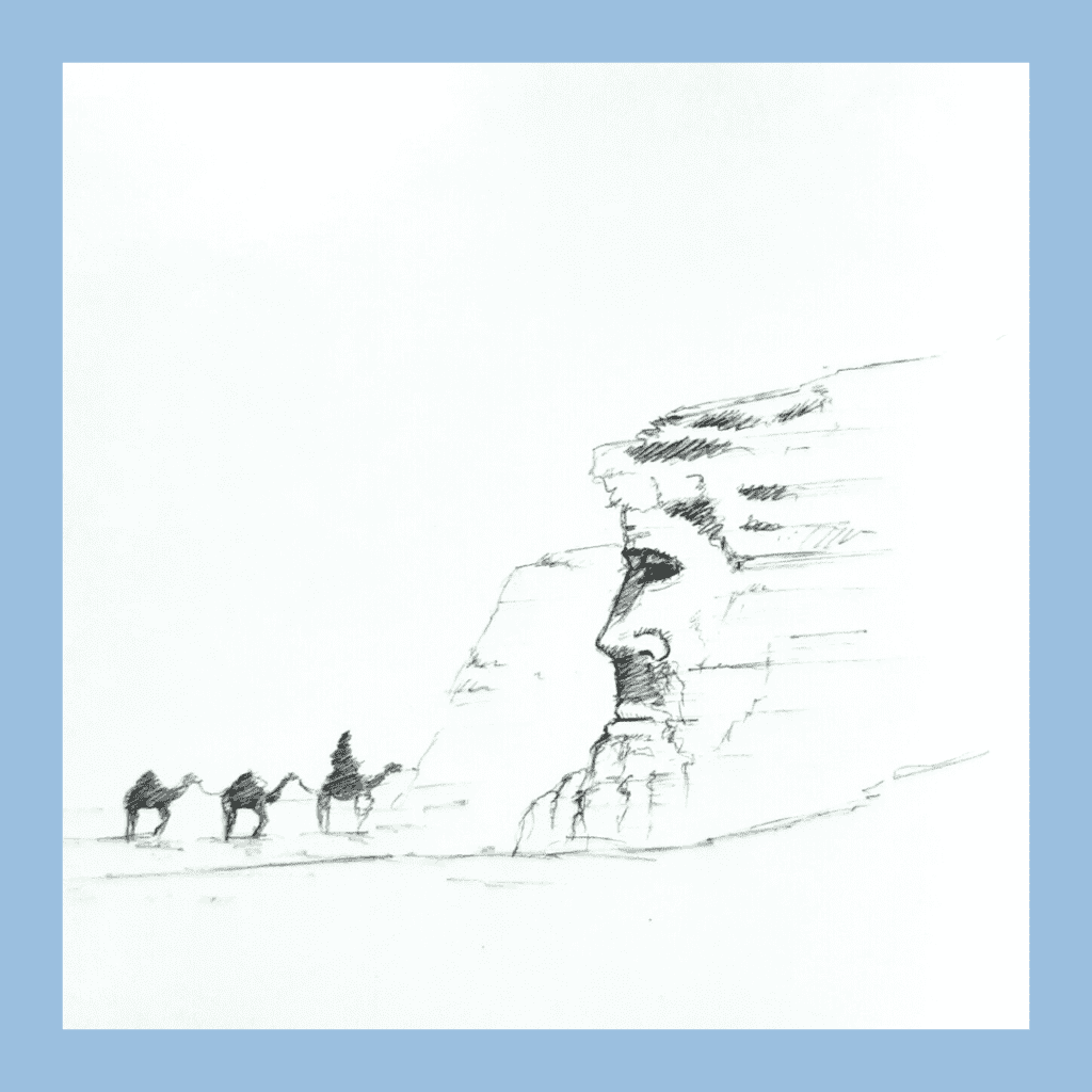 Draw of face in the mountain and nomads